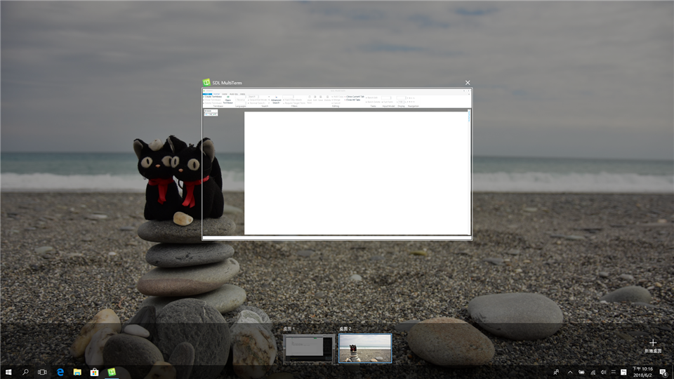 Screenshot of Trados Studio MultiTerm window open on a desktop with a beach background, showing an empty white space where content should be, indicating a possible error in displaying the MultiTerm content.