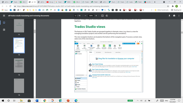 Image of a Trados Studio help guide page, showing different views and features of the software.
