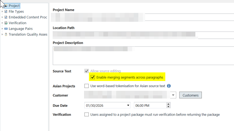 Screenshot of Trados Studio project settings showing the option 'Enable merging segments across paragraphs' highlighted in yellow under the Source Text section.