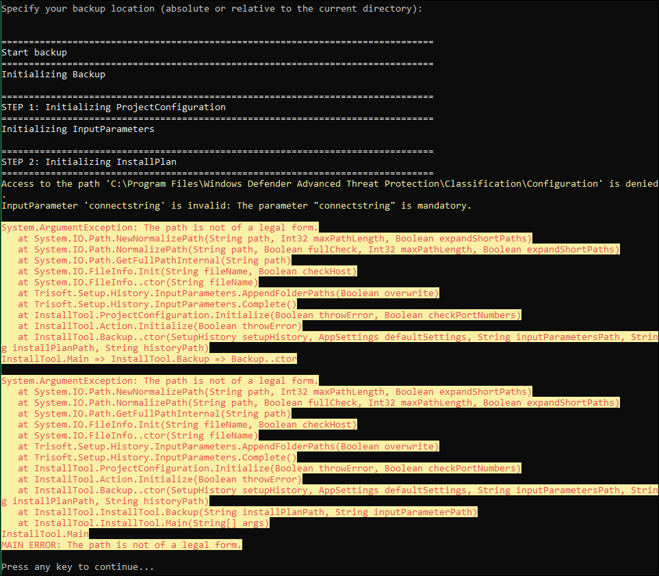 Error message in Trados Studio InstallTool.exe indicating 'The path is not of a legal form.' and 'InputParameter 'connectionstring' is invalid'. Access to the path 'C:Program FilesWindows Defender Advanced Threat ProtectionClassificationConfiguration' is denied.