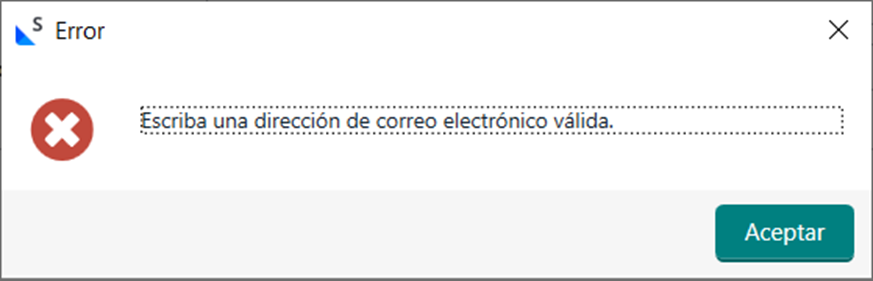 Error message dialog box stating 'Escriba una direccion de correo electronico valida,' which translates to 'Enter a valid email address' with an 'Aceptar' button.
