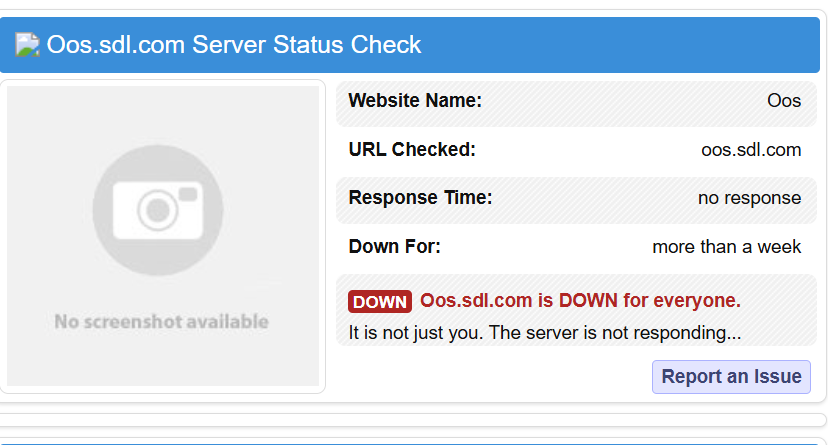 Server status check page indicating that oos.sdl.com is DOWN for everyone with no response time and has been down for more than a week.