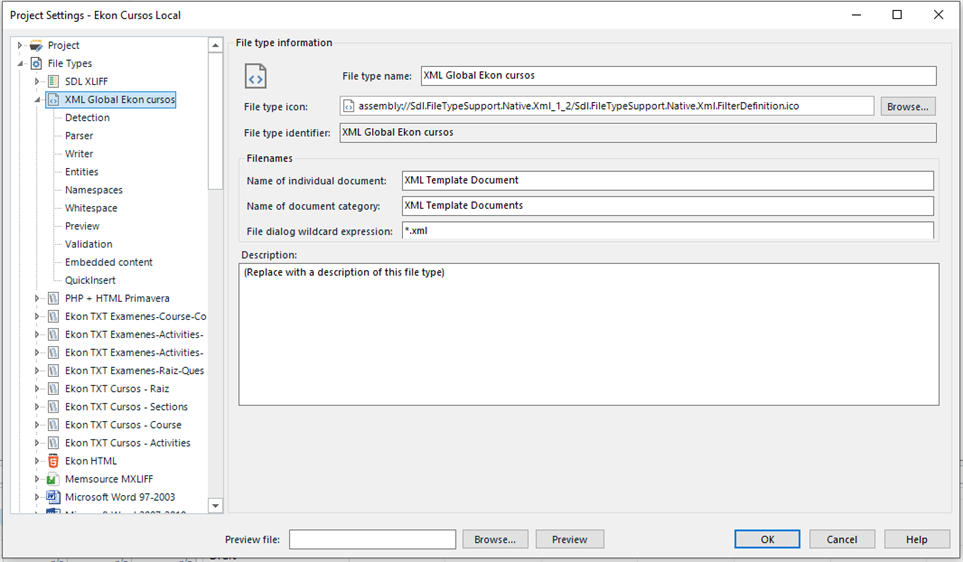 Trados Studio File Types settings for XML Global Ekon cursos showing file type name, icon, identifier, and empty description field.