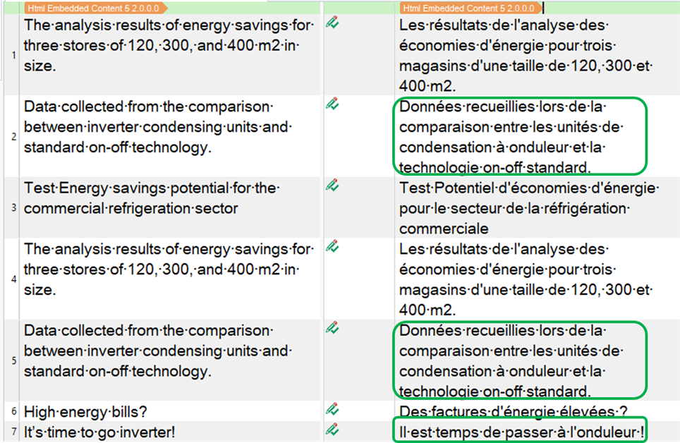 Screenshot of Trados Studio interface after corrections, with a green box indicating proper alignment and segmentation in the target text.