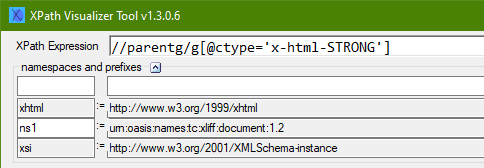 Screenshot of the XPath Visualizer "namespaces and prefixes" section showing the namespace populated automatically.
