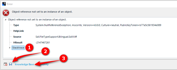 Error dialog in Trados Studio showing 'Object reference not set to an instance of an object.' with a red 'X' icon. Stacktrace is collapsed, and a red arrow points to the 'Knowledge Base' link.