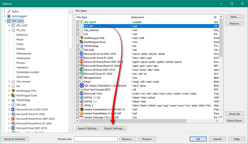 Trados Studio options window with 'Export Settings...' button highlighted, indicating where to export the sdlftsettings file.