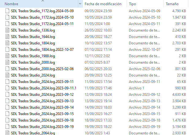 List of log files in a folder with names like 'SDL Trados Studio_1172.log' and dates ranging from 05092024 to 10062023, with file sizes varying from 2 KB to 5,194 KB.