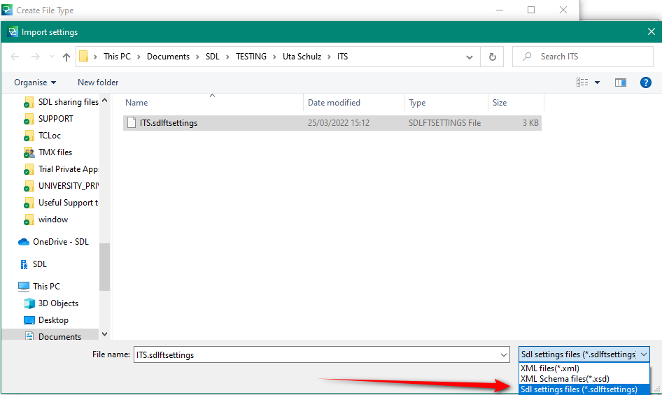 Trados Studio import settings window with 'ITS.sdlftsettings' file selected for import.