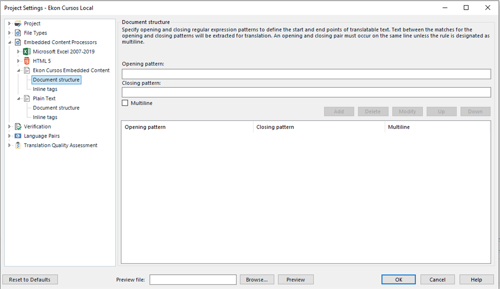 Trados Studio Project Settings window showing Embedded Content Processors for Microsoft Excel with empty regex fields for opening and closing patterns.