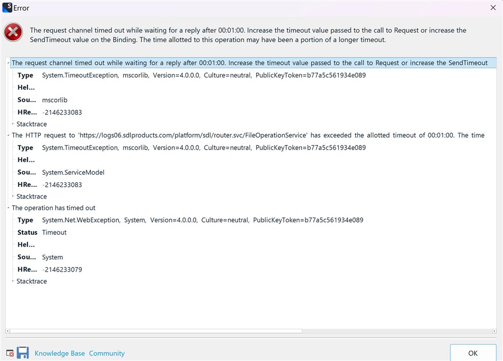 Error dialog box in Trados Studio showing a timeout error message with details about the System.TimeoutException and related stack trace information.