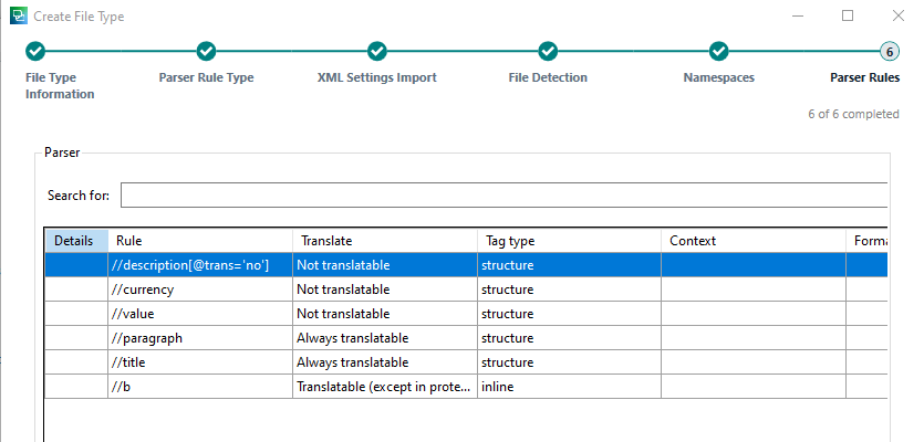 Trados Studio screenshot displaying parser rules with detailed view expanded for the 'description' rule.