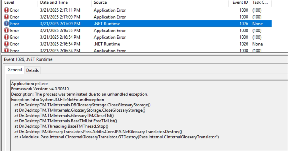 Screenshot of error logs with multiple Application Errors and .NET Runtime errors listed with timestamps from 3212025. Details of Event 1026 show an application termination with file not found exception.