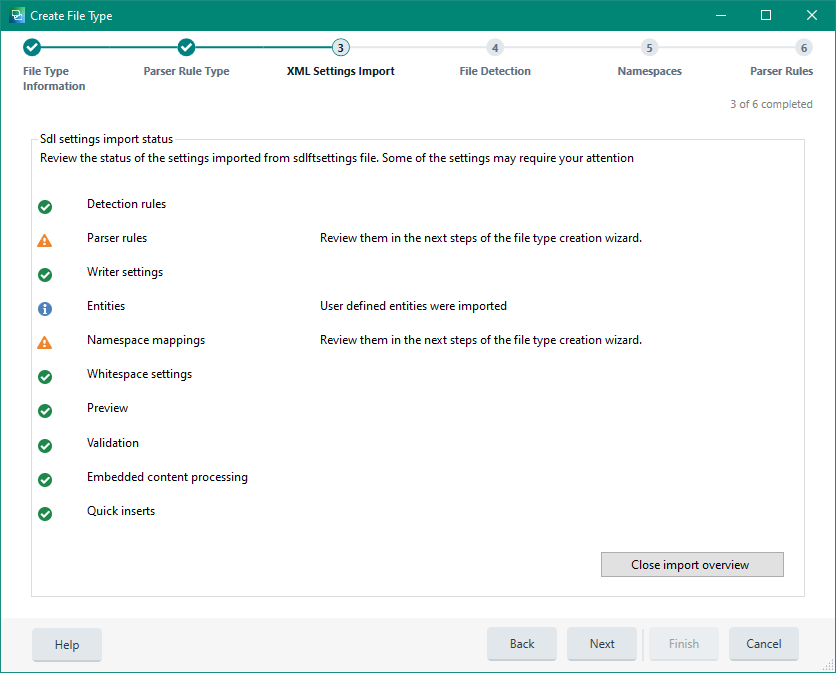 Trados Studio screenshot showing import status with warnings for parser rules and namespace mappings that require review.