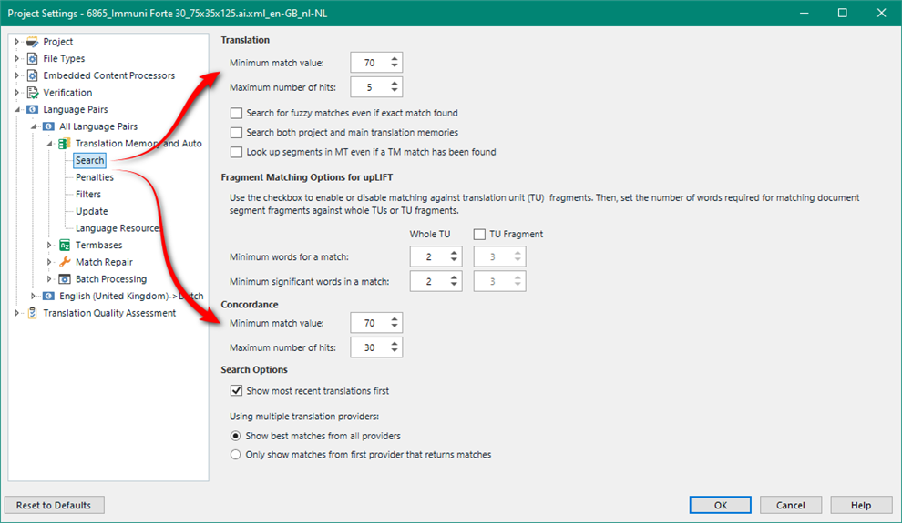Trados Studio Project Settings window showing Translation Memory and Automated Translation settings with minimum match value set to 70 and maximum number of hits set to 5.
