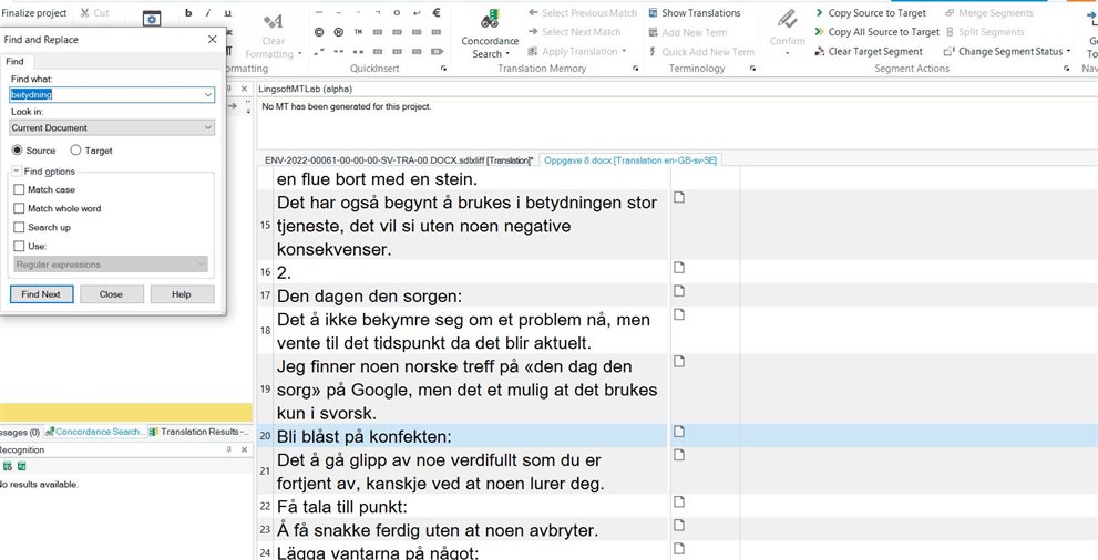Trados Studio search window open with the term 'betydning' entered in the 'Find what' field, editor window in the background showing the same segment as in alt_text_1.