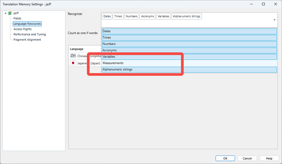Translation Memory Settings window showing Language Resources selected. A red box highlights 'Measurements' under the Japanese language settings.