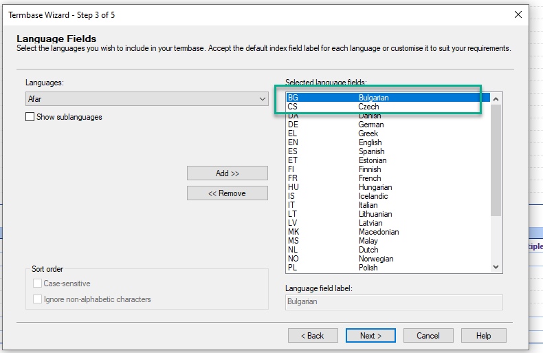 Termbase Wizard Step 3 of 5 screen showing selected language fields with BG (Bulgarian) and CS (Czech) highlighted.