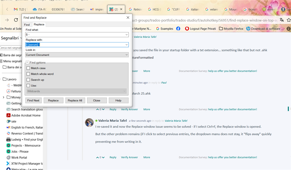 Screenshot of a 'Find and Replace' dialog box in a text editor with 'Find what' field containing a dash and 'Replace with' field containing 'Serum1'. A web browser is in the background with a forum page discussing AutoHotKey issues.