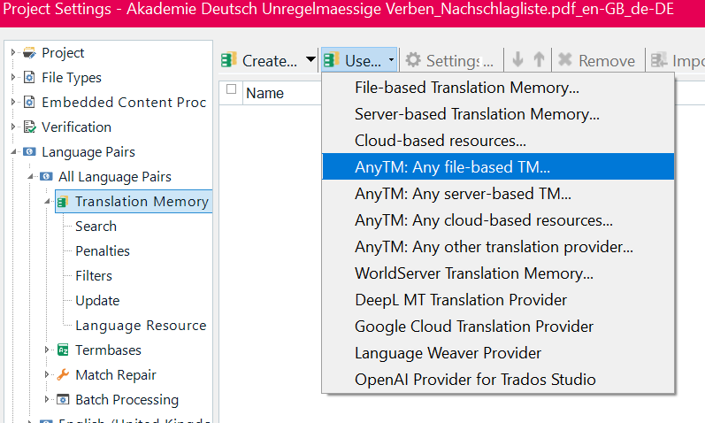 Trados Studio Project Settings window showing Translation Memory options, with 'AnyTM: Any file-based TM' highlighted in the dropdown menu.