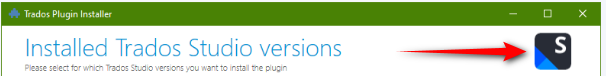 Screenshot of Trados Plugin Installer window with a red arrow pointing to the Trados Studio 2022 icon indicating the current version.