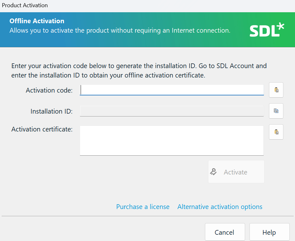 Product Activation window showing Offline Activation with fields for Activation code, Installation ID, and Activation certificate. Buttons for Copy and Activate are visible but inactive.